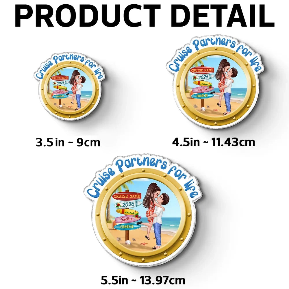 Personalized Cruise Partners For Life Acrylic Magnet, Couple Kissing on a Beach Porthole, Unique Cruise Door Gift