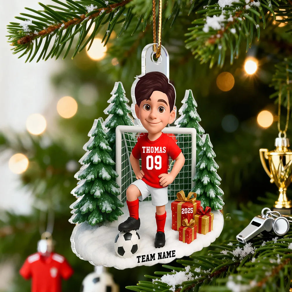 Kids Soccer Goal Ornament with Snowy Ball & Net Scene | Holiday Gift