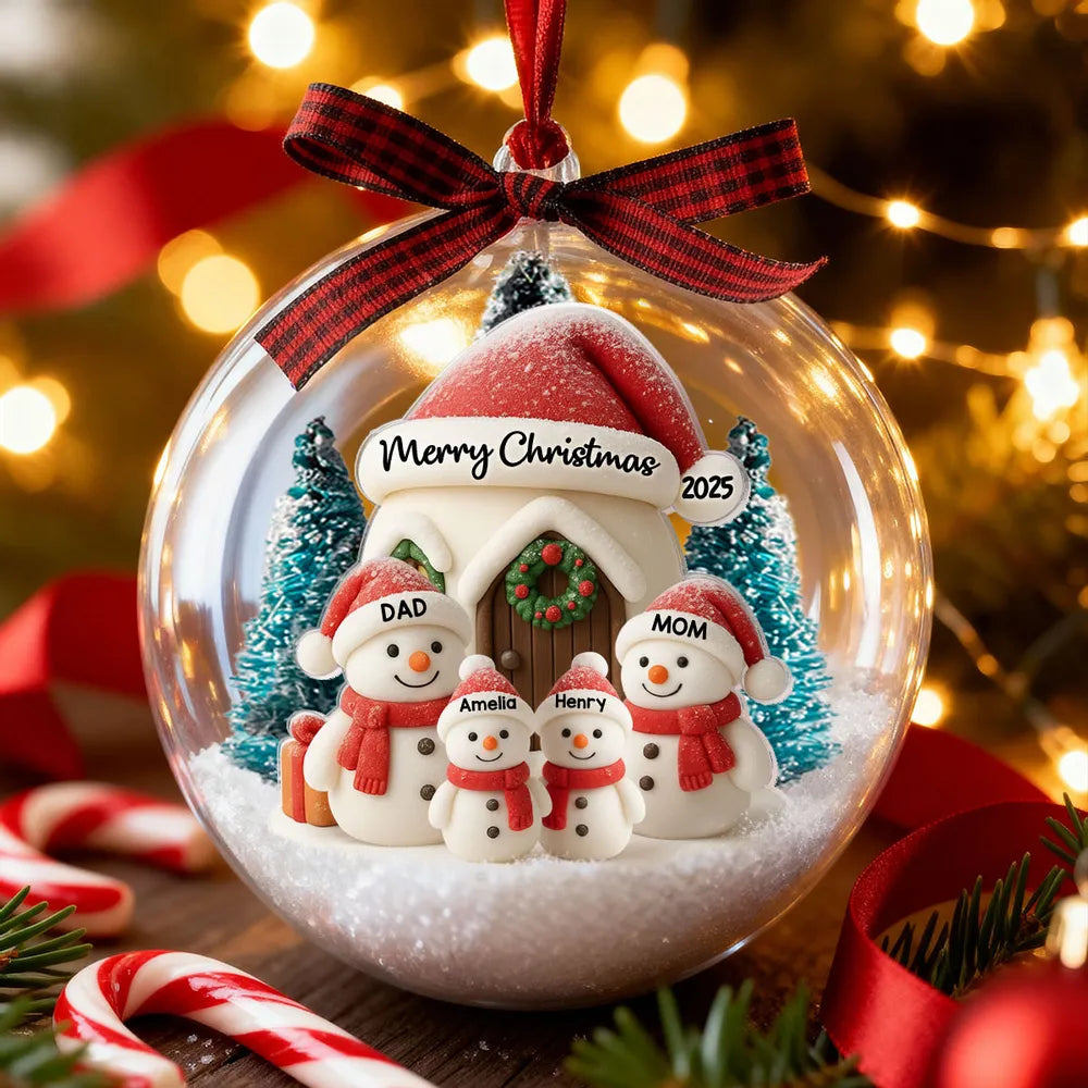 Snowman Family Ball Ornament - Snow Globe Look, Cozy Snow House - A unique Christmas gift for Parents & Family