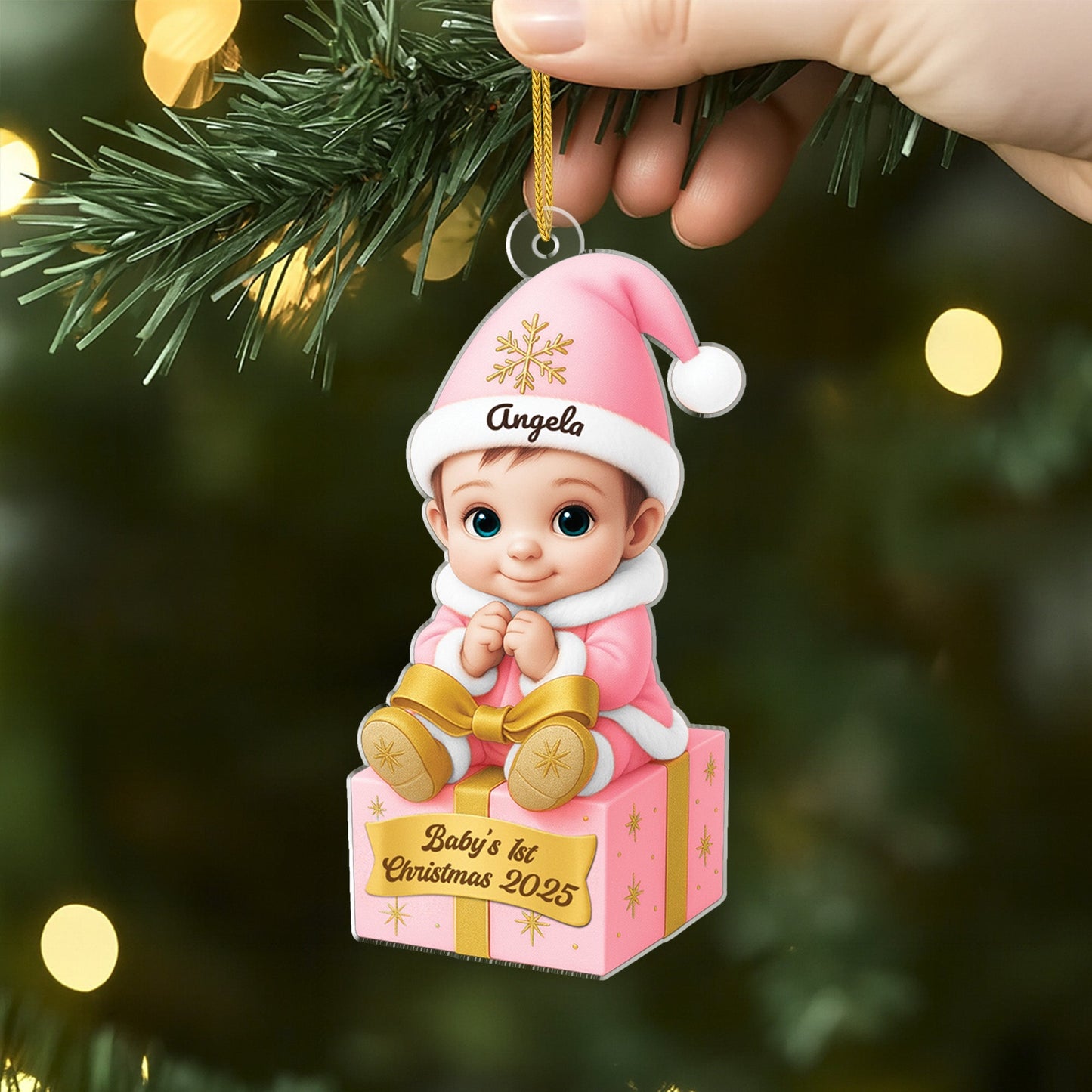 Acrylic Ornament for Baby's First Christmas, sitting baby on gift box, pastel blue & gold, creative gift for parents