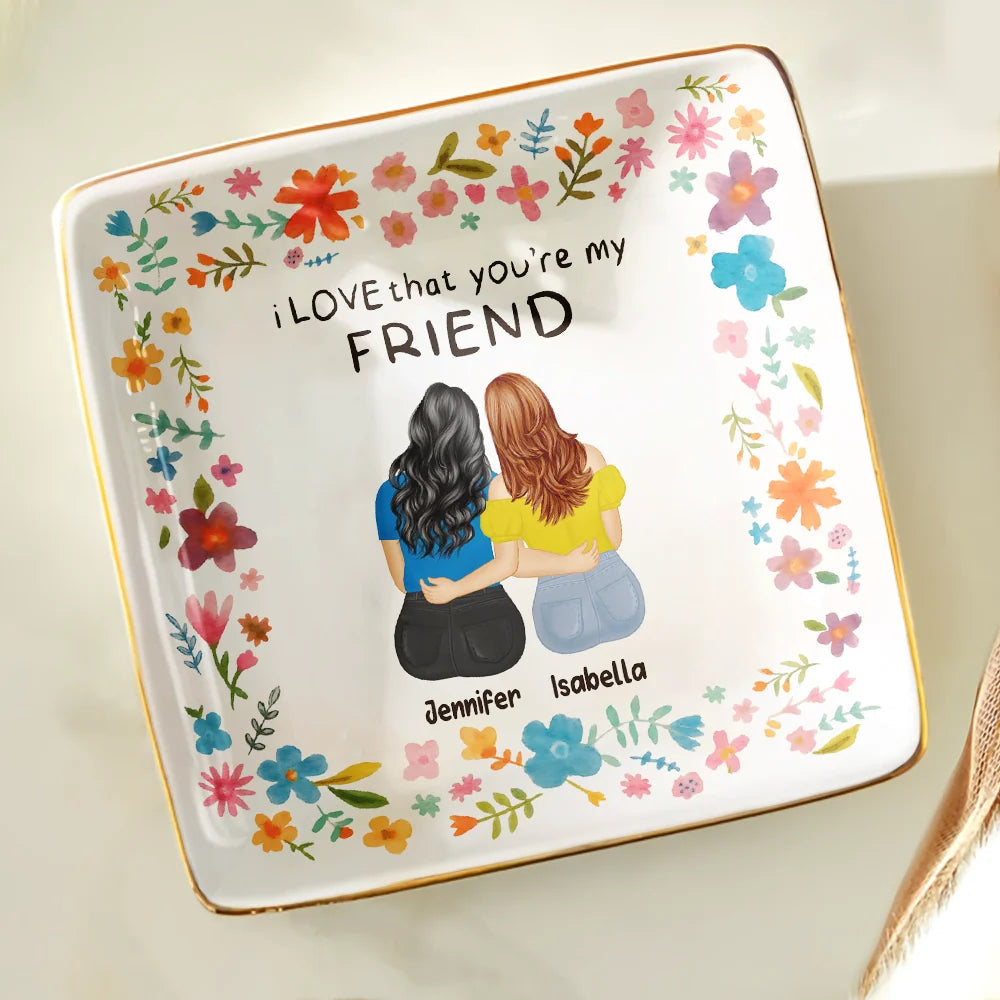Custom Floral Jewelry Dish – Back View Friend Hug Illustration, Heartfelt Gift for Her