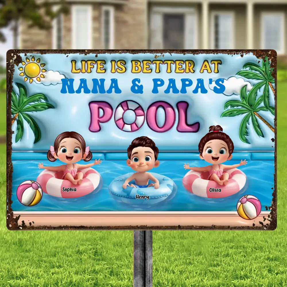 Life Is Better At Nana & Papa's Pool – Personalized Rectangular Iron Sign, Summer Poolside Gift For Grandparents