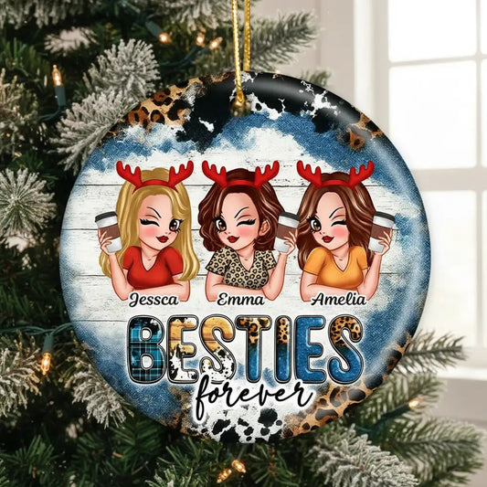 Ceramic Ornament for Best Friends, Custom Illustration Design, Friendship Keepsake, Perfect Gift for Christmas