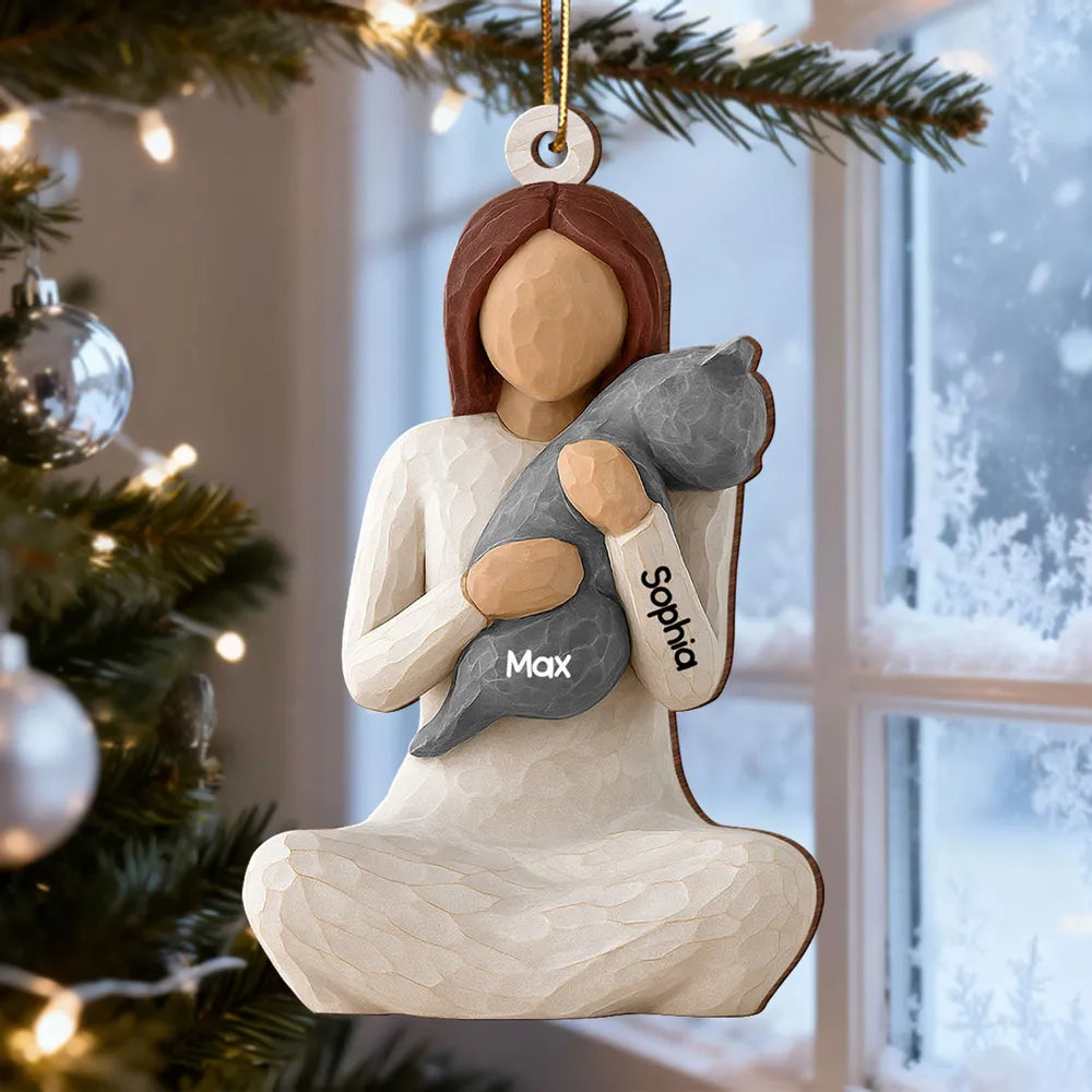 Wooden Ornament - Carved Figure Hugging a Cat, Winter Tree Decor, a unique gift for cat moms & pet owners