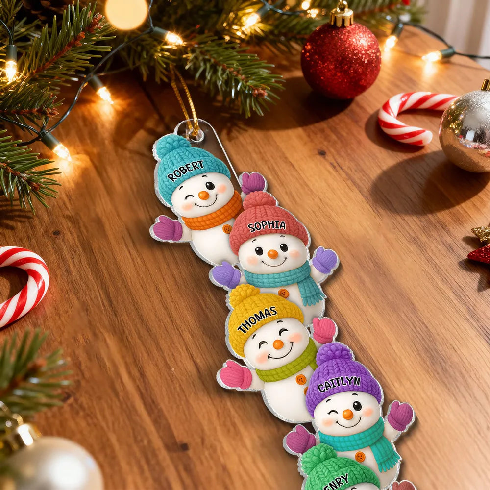 Personalized Acrylic Ornament with Stacked Snowmen Characters, Cute Family Christmas Decor, Unique Holiday Tree Gift