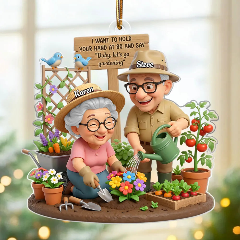 Acrylic Ornament 'Baby, let's go gardening' Sweet Old Couple Garden Scene Keepsake Unique Christmas Gift for Him & Her