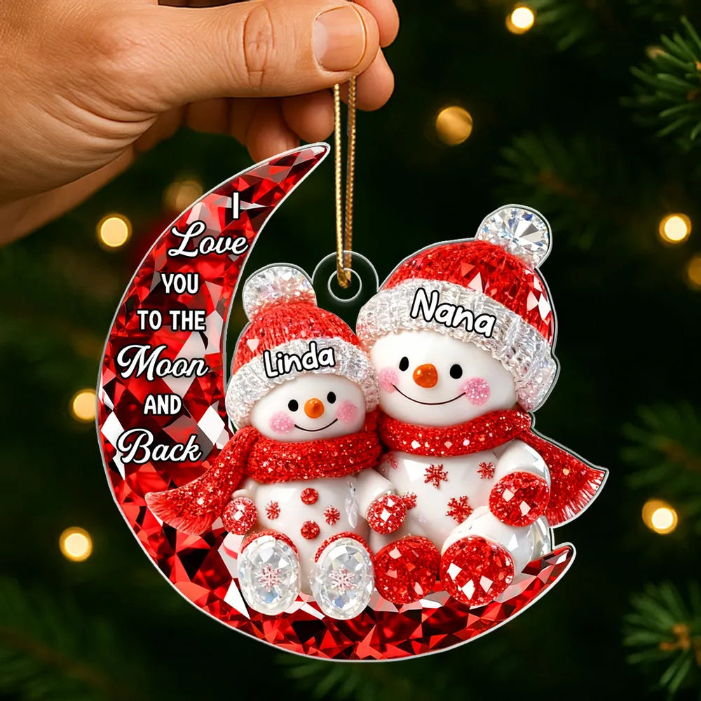 Personalized Acrylic Ornament for Grandma & Grandkid on Moon – Sparkling Snowman Design, I Love You to the Moon and Back, Unique Christmas Gift