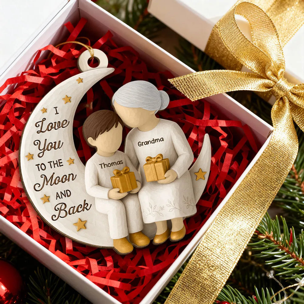 Wooden Ornament - Grandma & Grandkid on Crescent Moon, Customizable, unique gift for Granddaughter or Grandson