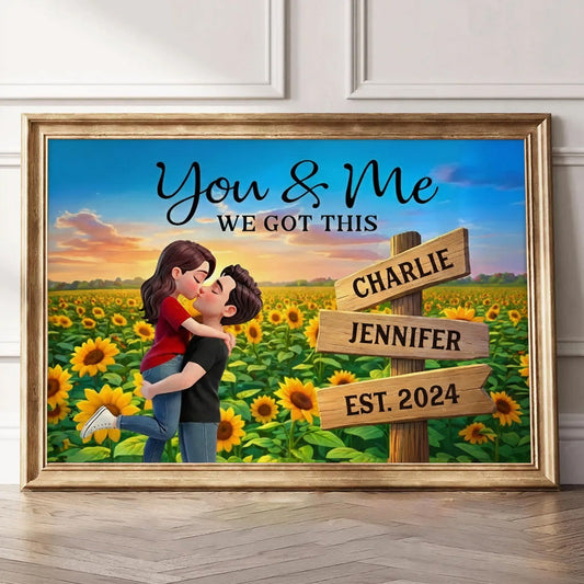 Romantic Personalized Poster for Couples, Hugging Kiss at Sunset Sunflower Field, Sweet Wall Art Gift for Her or Him