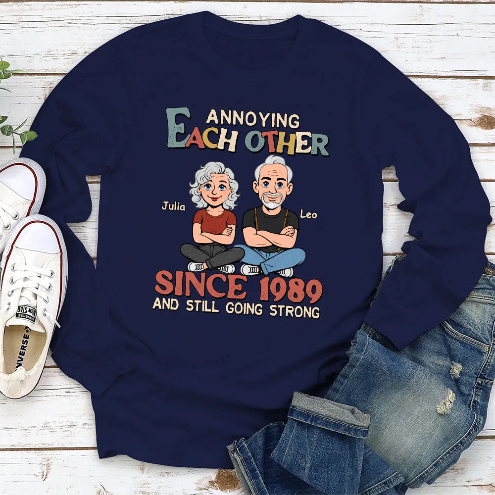Personalized Classic Tee Funny Couple Cartoon Sitting Together Cute Gift for Husband or Wife Annoying Each Other Vibe