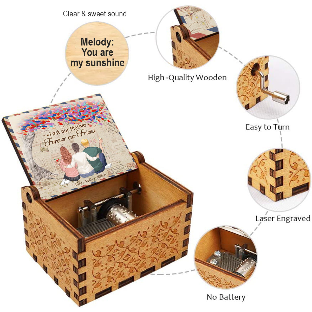 Mother And Children - Gift for mom, son, daughter - Personalized Hand Crank Music Box