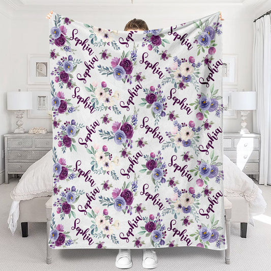 Custom Name Purple Flowers - Personalized Mother Blanket
