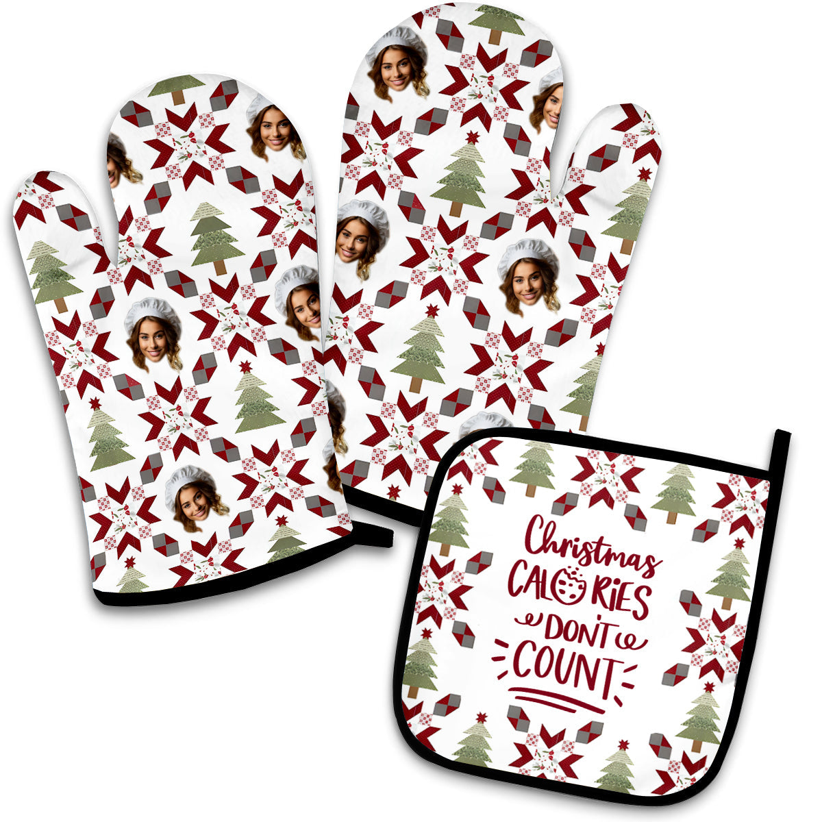 Christmas Calories Don't Count - Personalized Baking Oven Mitts & Pot Holder Set