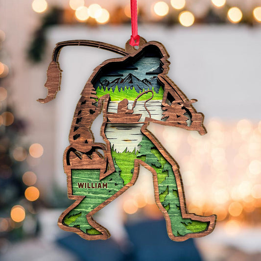 Bigfoot With Fishing Pole - Personalized Fishing Ornament