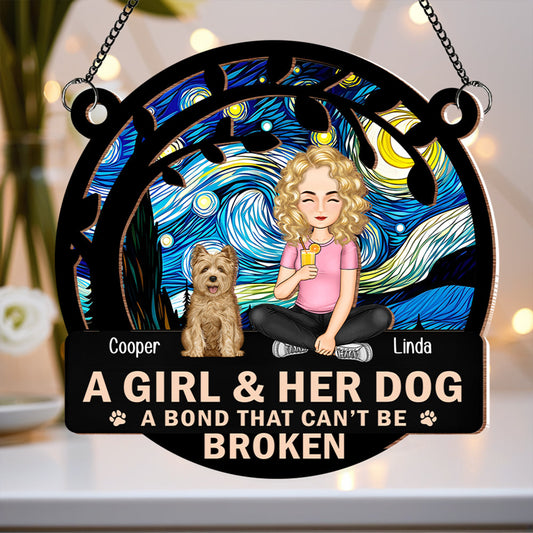 Personalized Wood and Acrylic Layered Ornament – A Girl & Her Dog, Custom Design with Starry Background and Pet Details, Sentimental Gift for Pet Lovers and Dog Moms, Perfect for Home Decor