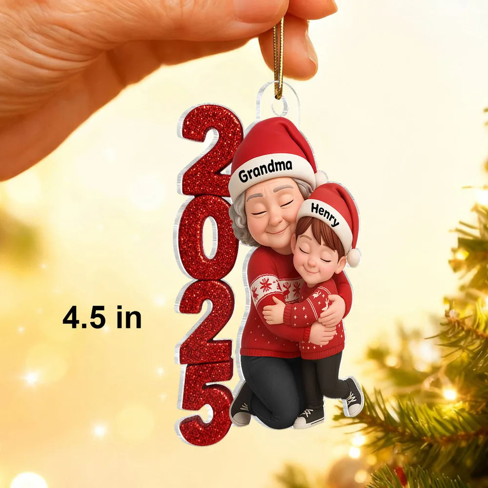 Acrylic Ornament - Personalized Grandma & Grandchild Hugging, Snowy Window - Christmas Keepsake, Unique Gift for Grandma
