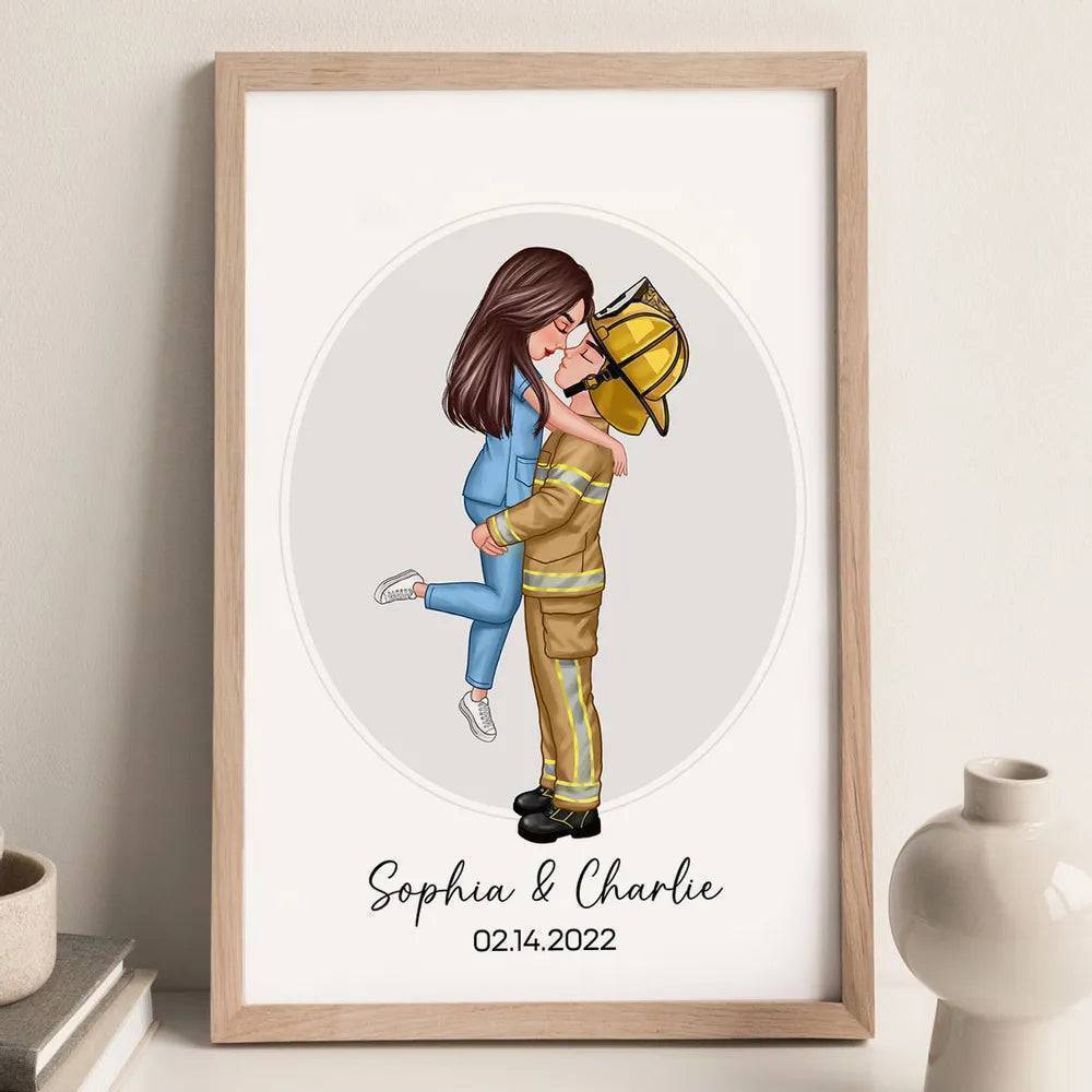 Love in Every Profession - Personalized Couple Portrait Poster for Valentine's & Anniversaries - Perfect for Firefighters, Nurses, Police Officers