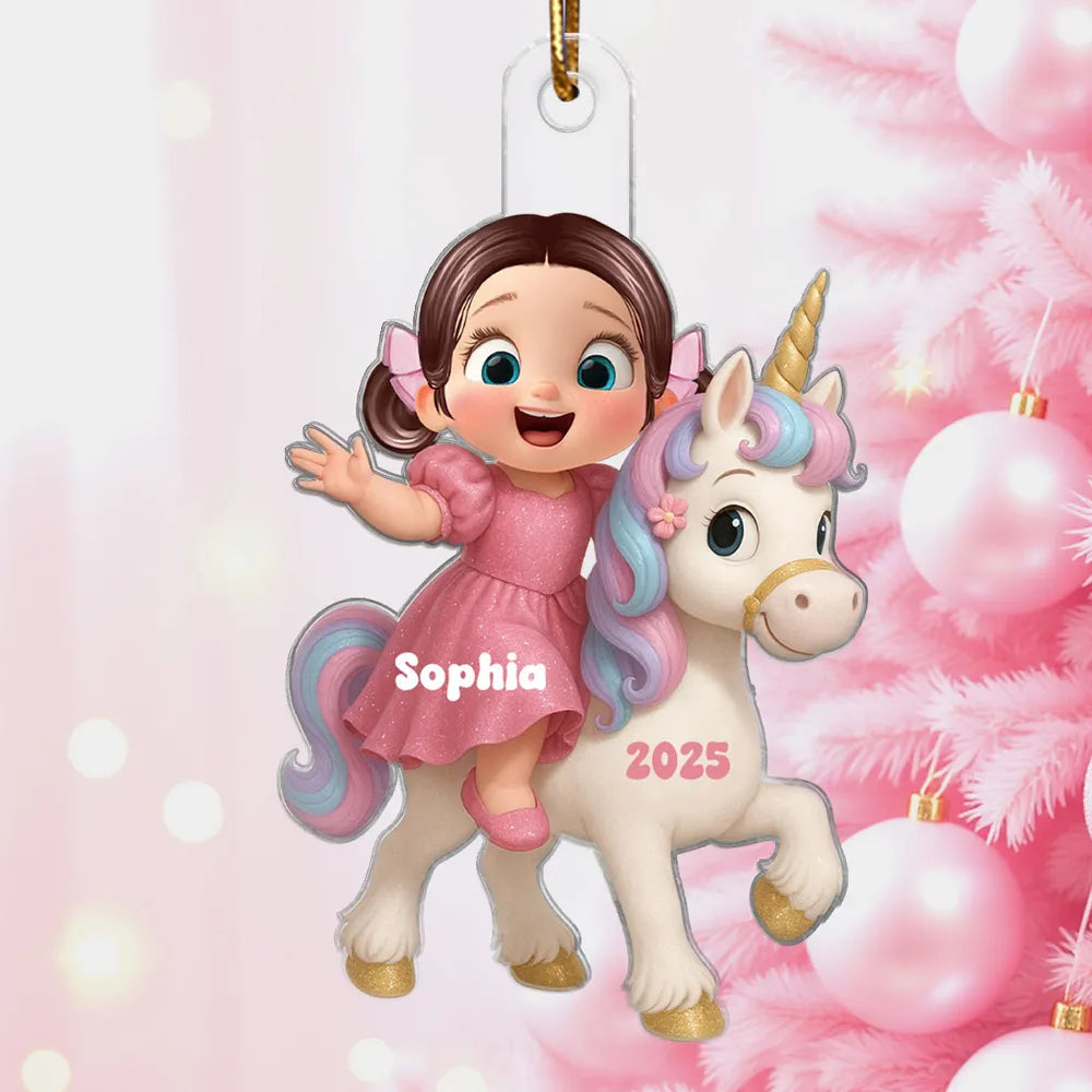Acrylic Ornament with Girl & Unicorn Cartoon Design, Dreamy Pink Holiday Style, Perfect Gift for Kids and Family