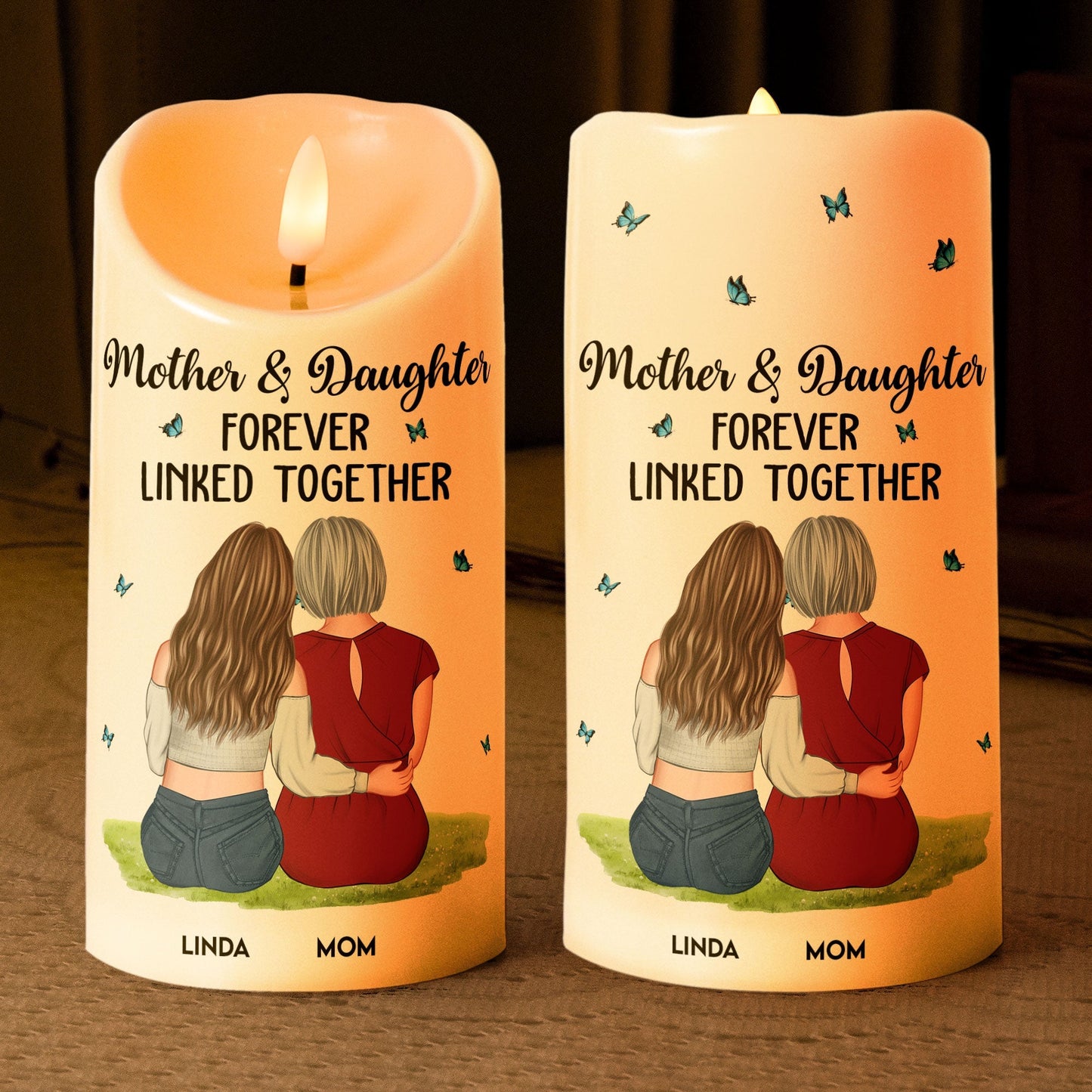 Flameless LED Candle – Mother & Daughter Back‑Hug Art, “Forever Linked Together” Personalized Light