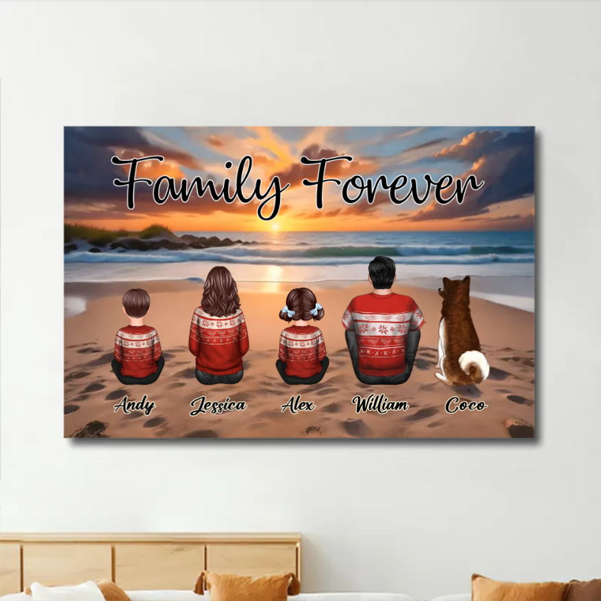 Beach Landscape Family Sitting Back View - Personalized Keychain or Poster or Plaque or Car Hanger or Pillow or Wallet or Wallet Card or Cap or Cup- Ideal Gift for Loved Ones