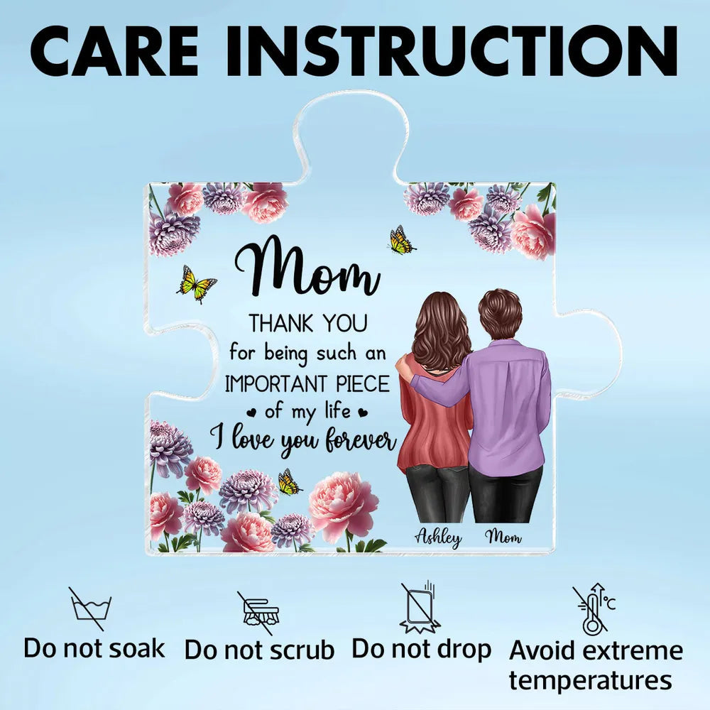 Personalized Shaped Acrylic Block Plaque for Mom, Puzzle Piece Love Quote, Floral Butterfly Design, Unique Gift