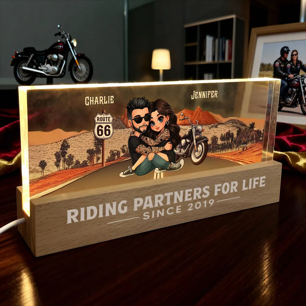 Personalized Block LED Light Plaque for Biker Couple Hugging by Route 66 Sunset Unique Romantic Gift for Him or Her