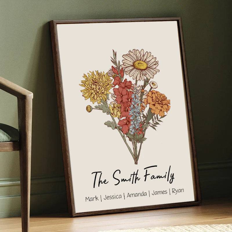 Family Blossoms - Custom Birth Flower & Names Artwork - Personalized Canvas or Poster for Your Home