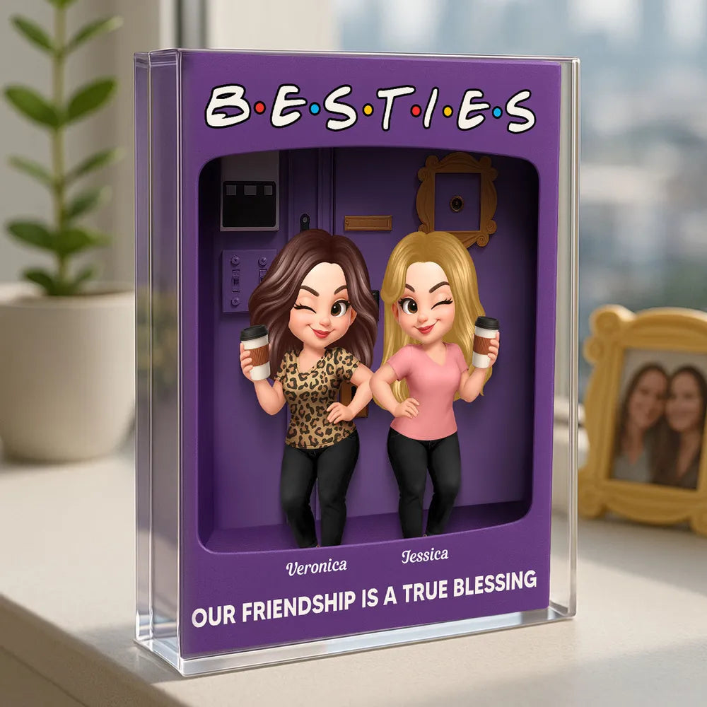 Rectangle Acrylic Block Plaque for Besties — cute characters holding coffee, purple backdrop, perfect friendship gift for birthdays, holidays, and everyday smiles