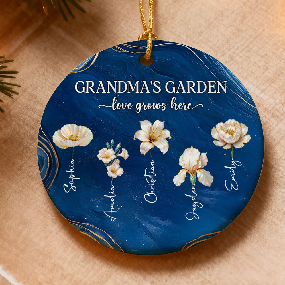 Grandma's Garden Ceramic Ornament, Birth Month Flowers, love grows here - unique gift for Grandma's Christmas tree