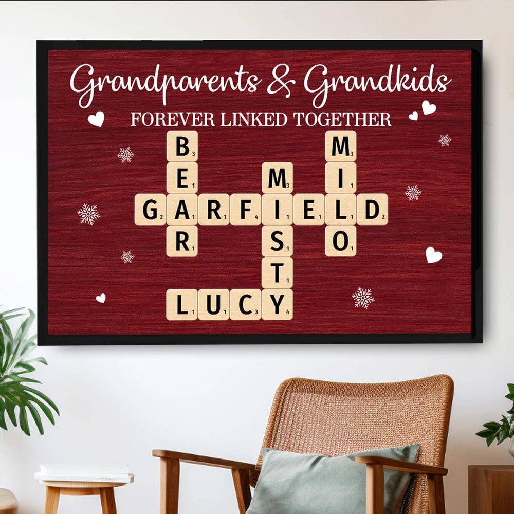 Personalized Grandparents & Grandkids Poster, Crossword Wall Art Keepsake, Cozy Red Decor, Unique Gift for Christmas or Birthdays