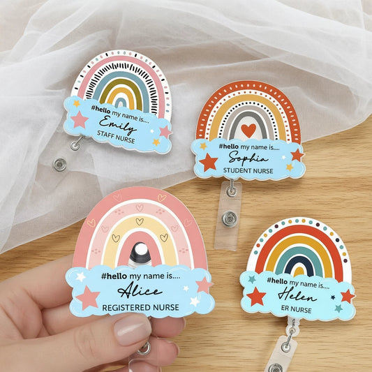 Hello My Name Is Acrylic Badge Reel With Rainbow And Stars - Personalized Nurse Gift For Workdays