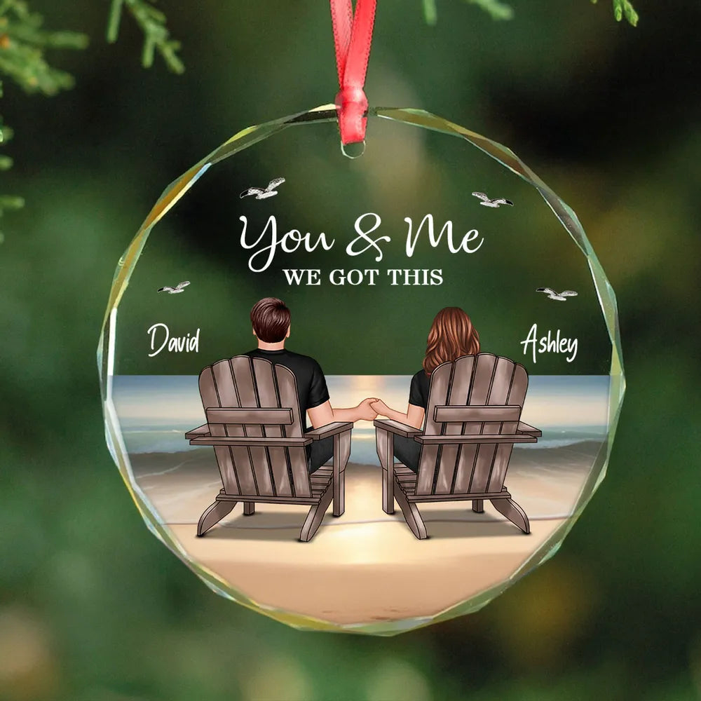 Crystal Ornament Personalized for Couples, Sitting Together at a Sunset Beach Scene, Romantic Keepsake Gift for Her