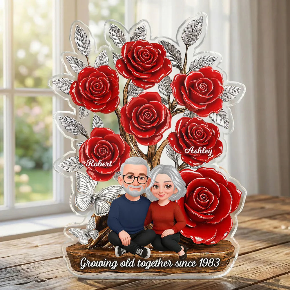 Personalized Shaped Acrylic Block Plaque with Red Rose Tree Couple Sitting Together, Unique Romantic Gift