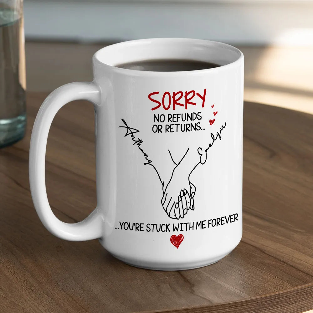 Personalized White Ceramic Mug with Holding Hands Illustration – Romantic “You’re Stuck with Me Forever” Couple Gift