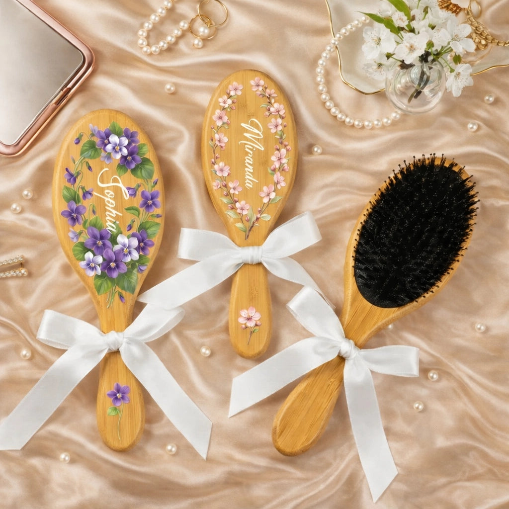 Personalized Wooden Hair Brush With Birth Flower Name Design, Vanity Decor, Unique Gift For Daughter Sister Mom