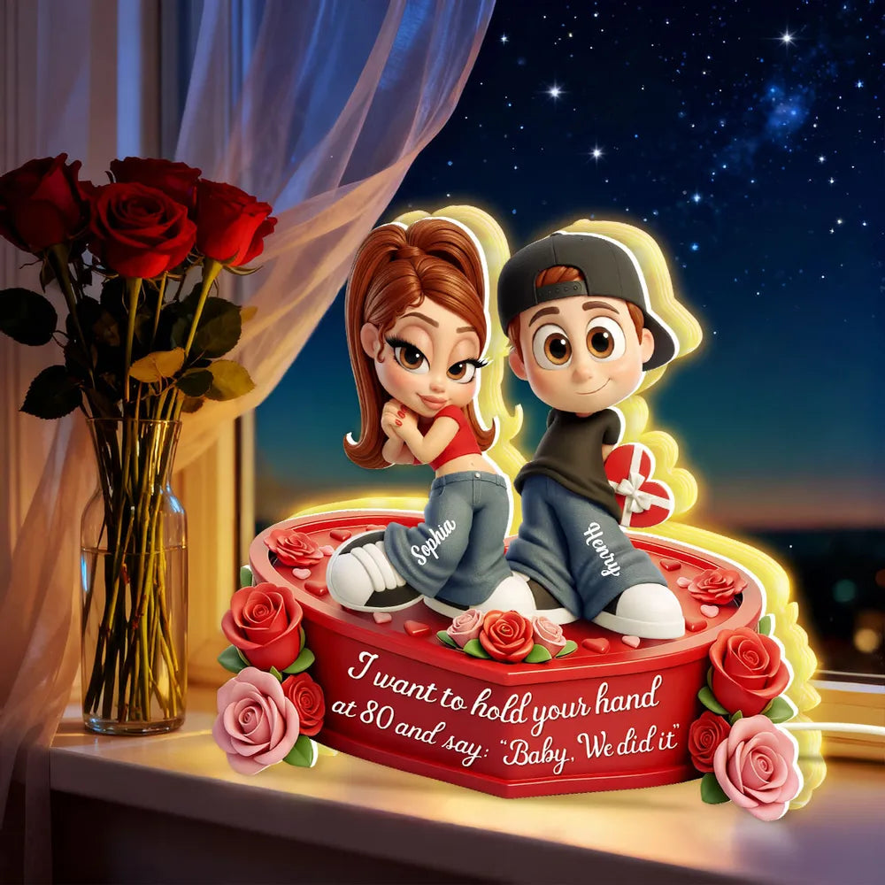 Romantic Acrylic Light Box for Couples, Personalized Y2K-Style Cute Cartoon Keepsake with Heart Roses, Unique Gift for Her or Him