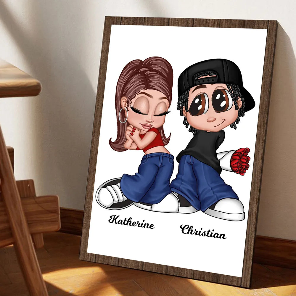 Personalized Y2K Cartoon Couple Poster, Cute Back-to-Back Wall Art, Unique Gift for Him or Her