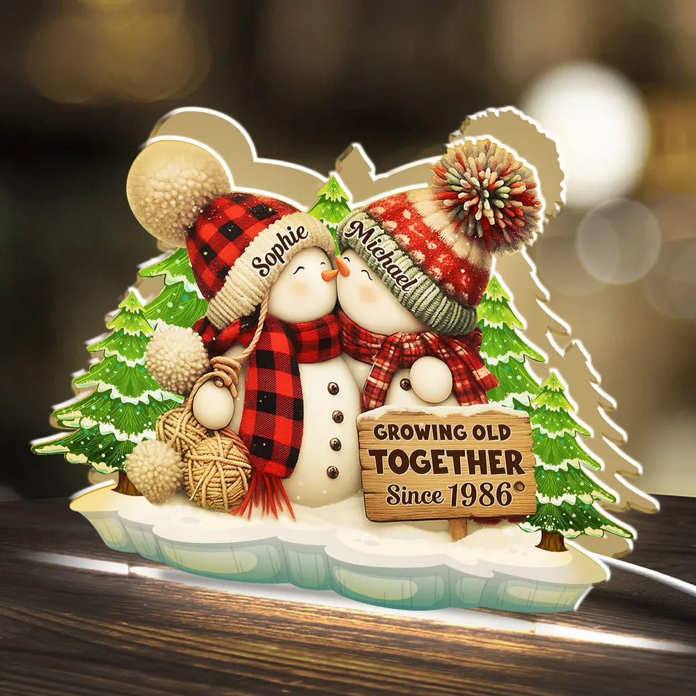 Acrylic Light Box, Snowman Couple Hug in Winter Pines, Warm Glow Decor, Growing Old Together, Unique Gift for Couples
