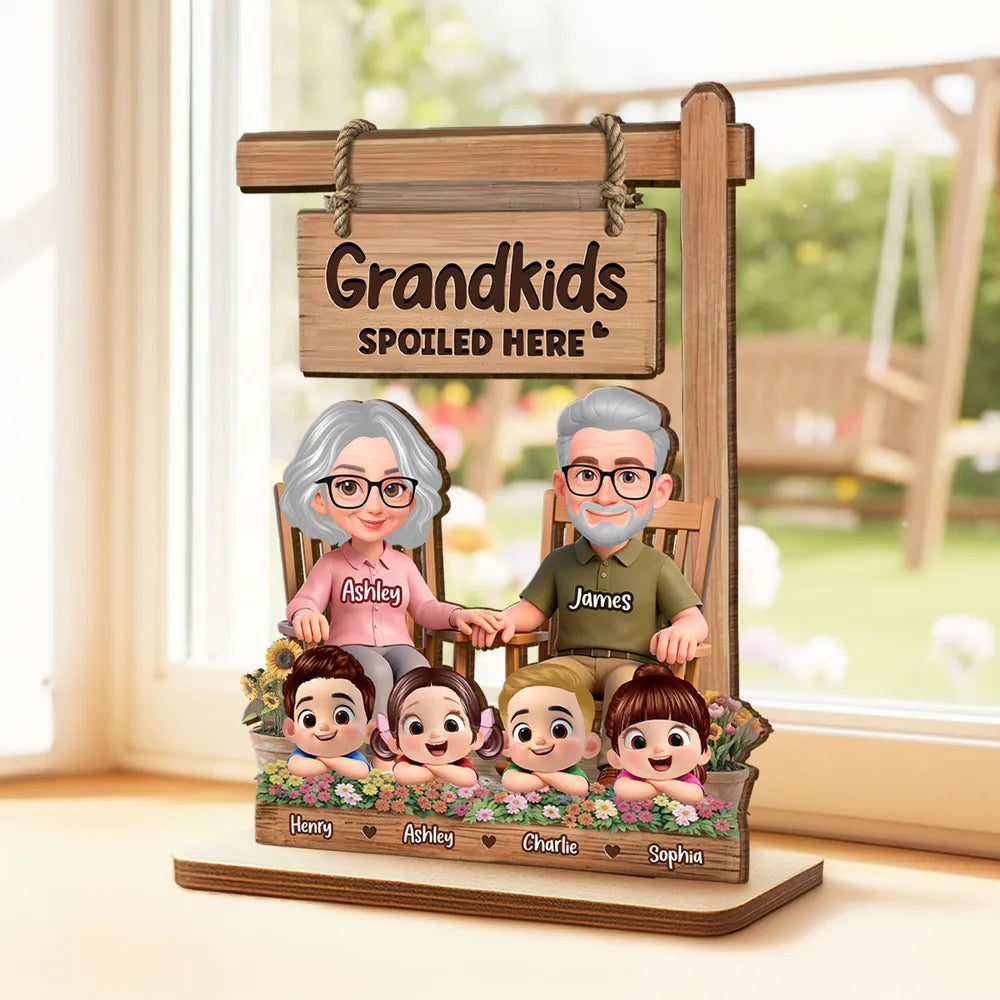 2-Layer Wooden Plaque for Grandma - Grandkids Spoiled Here Sign with Sweet Grandparent Scene - Creative Gift