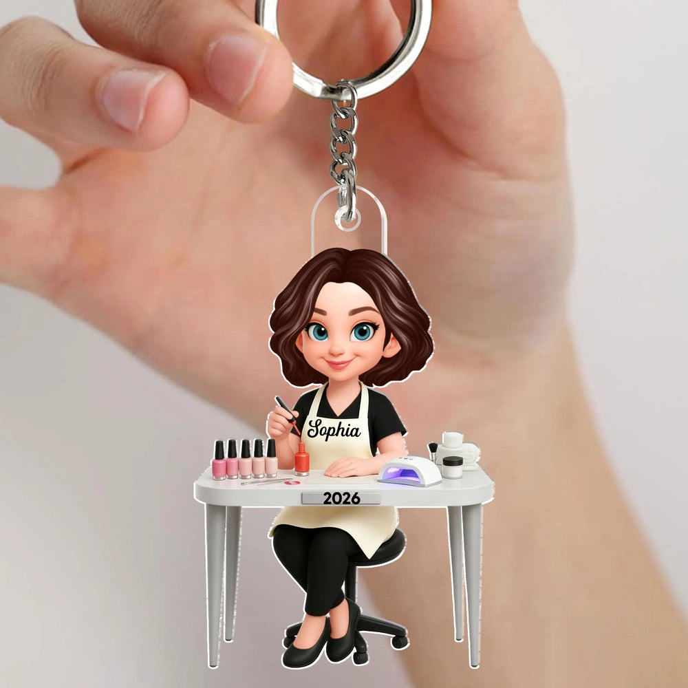 Personalized Nail Technician Acrylic Keychain, Cute Salon Desk Cartoon Charm, Unique Gift for Her
