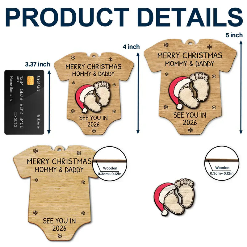 Custom Baby Announcement 2-Layer Wooden Ornament – Onesie Shape with Tiny Footprints – Adorable Nursery Decor and Creative Holiday Gift for Mommy and Daddy