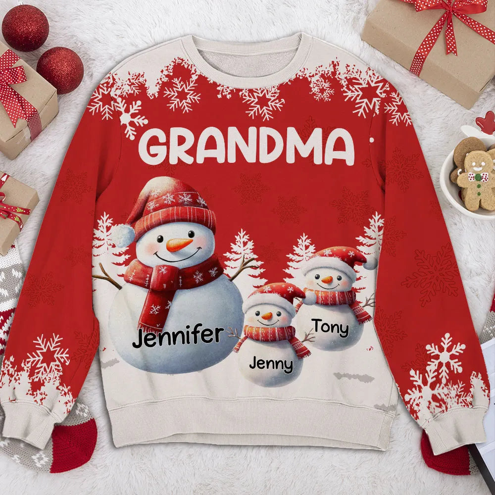 Snowman Family Sweatshirt, Personalized All-Over Print for Grandma, Festive Red, Snowy Forest vibe, a unique Christmas gift