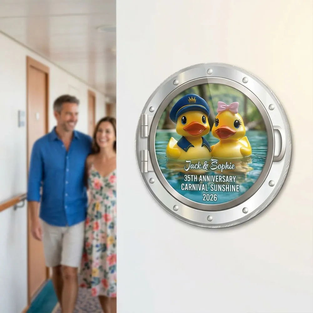 Romantic Personalized Acrylic Magnet of a Rubber Duck Couple on the Water, Sweet Anniversary Cruise Keepsake Gift