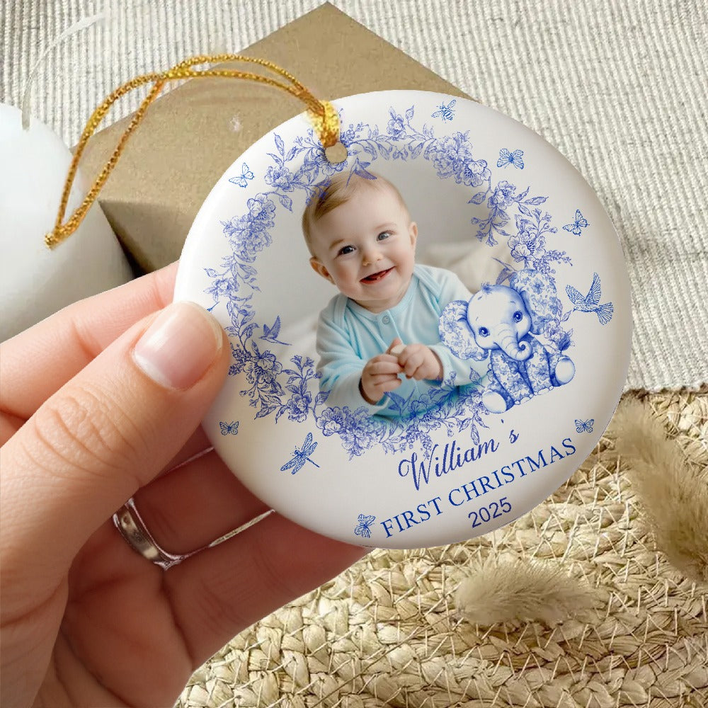 Ceramic Ornament with Baby’s First Christmas Theme, Blue Floral Wreath Design, Perfect Keepsake Gift for Newborn Celebration