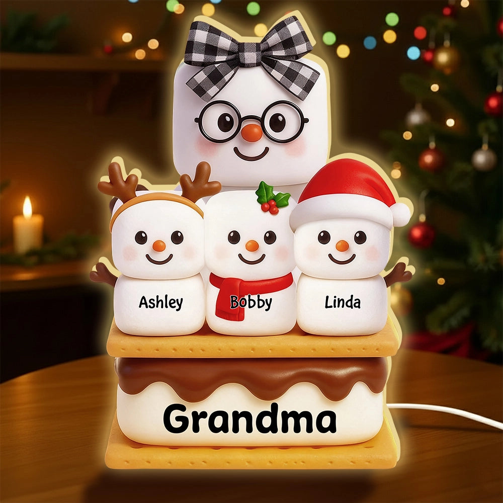 Personalized Acrylic Light Box - Cute S'mores Marshmallow Stack with Santa Hats & Warm Glow - Unique Gift for Grandma