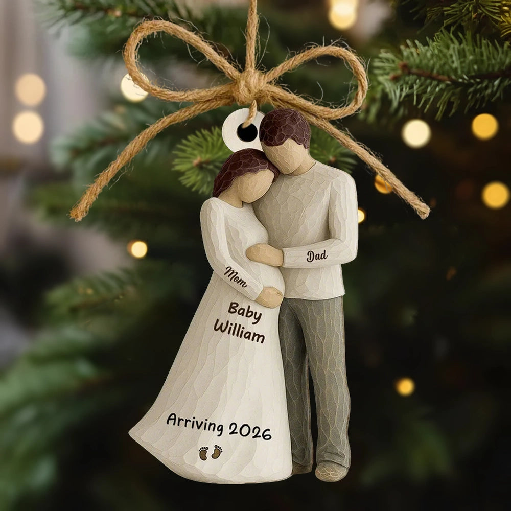 Wooden Ornament Sweet Expecting Family Hug Design, Personalized Nursery Decor Keepsake, Unique Holiday Gift for Parents