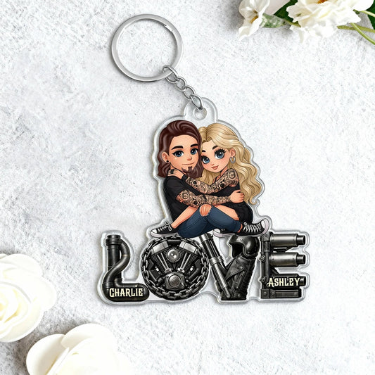 Personalized Biker Couple Acrylic Keychain Cute Cartoon Hugging Riders Cool Accessory Unique Gift for Him or Her