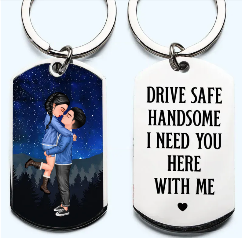 Personalized Drive Safe Keychain - Stainless Steel, Couples Kissing Under Stars Design