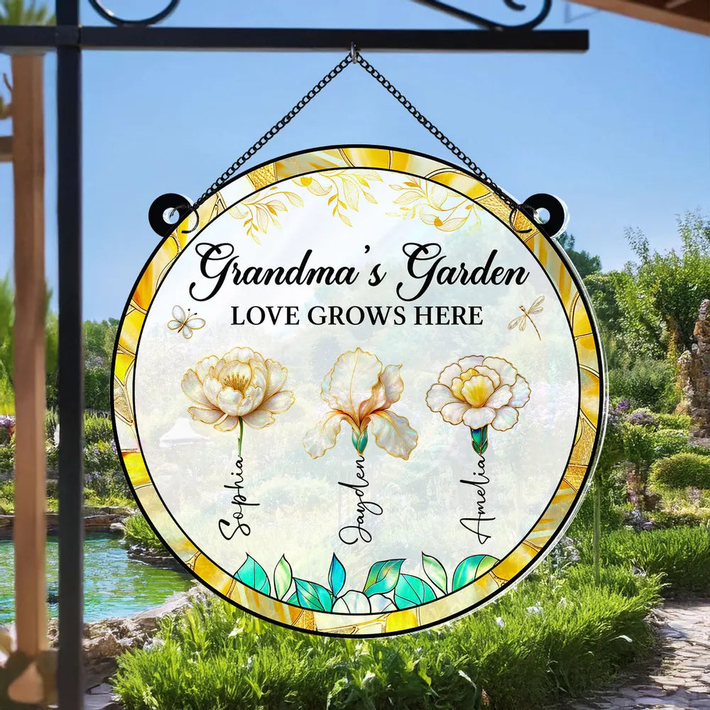 Personalized Acrylic Suncatcher Ornament – Grandma’s Garden “Love Grows Here”, thoughtful gift-ready keepsake for Grandma