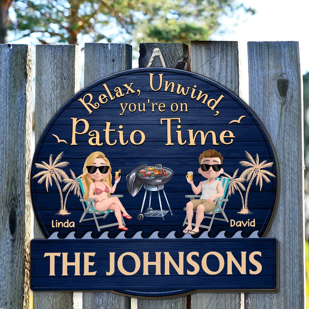 Personalized Wooden Patio Sign, Relax and Unwind Theme, Family Gift